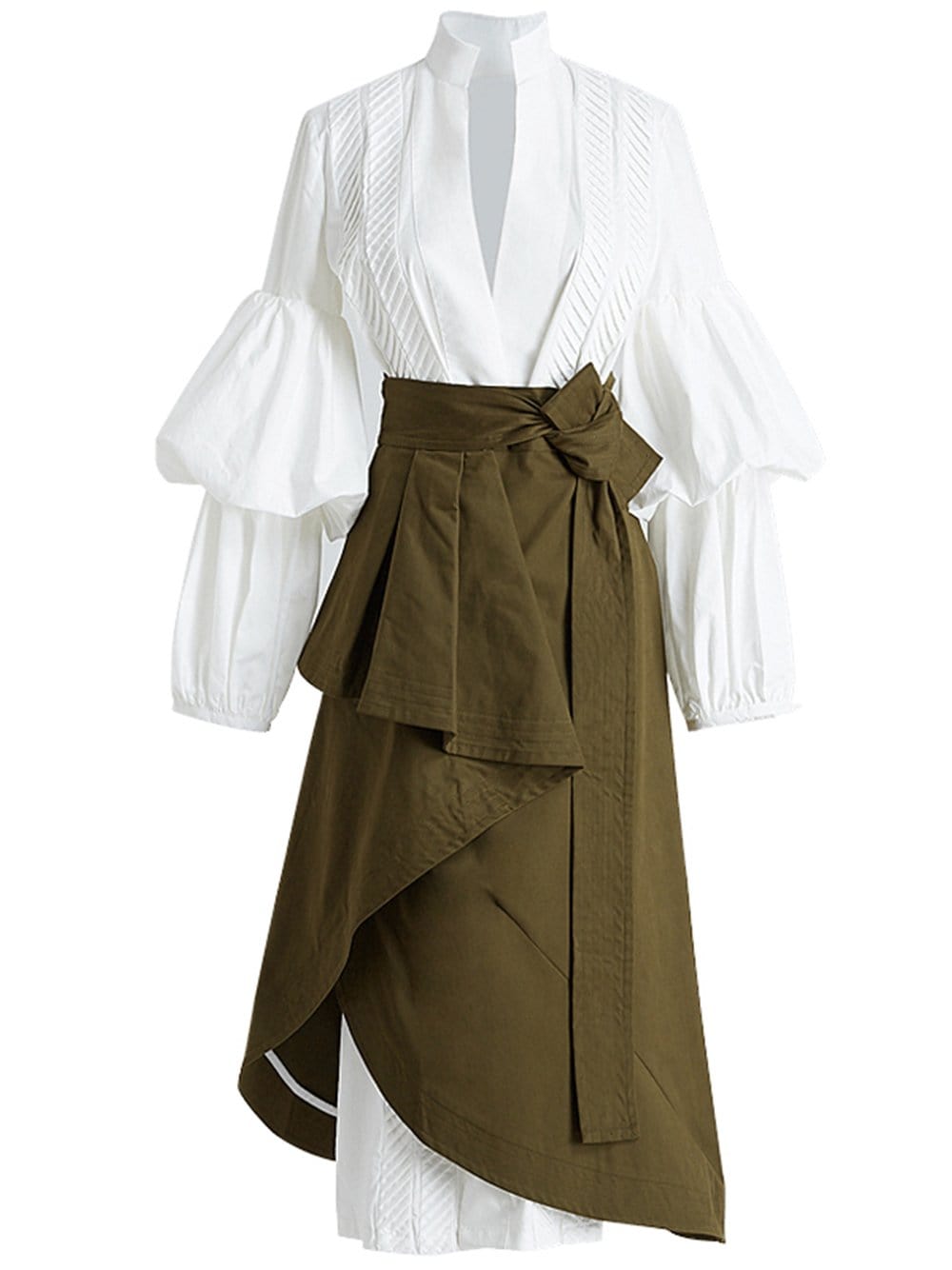 Puff-Sleeved Dress & High-Waist Lace-Up Ruched Irregular Skirt PM1108 S / White Official JT Merch