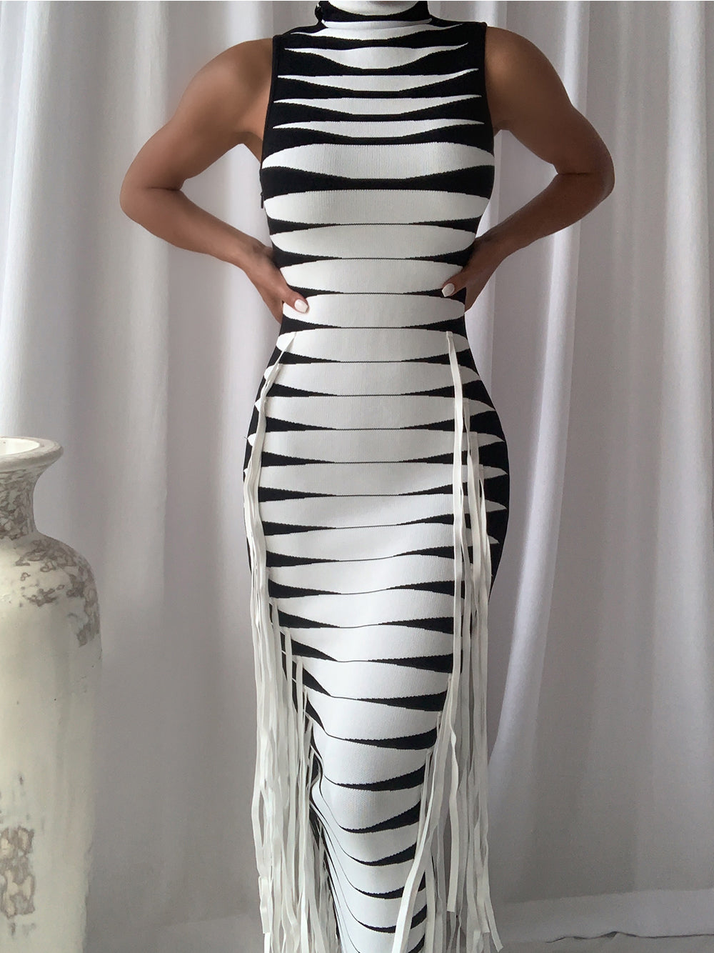 ANABELLE Knit Midi Dress w Fringes PM1108 B&W / XS Official JT Merch