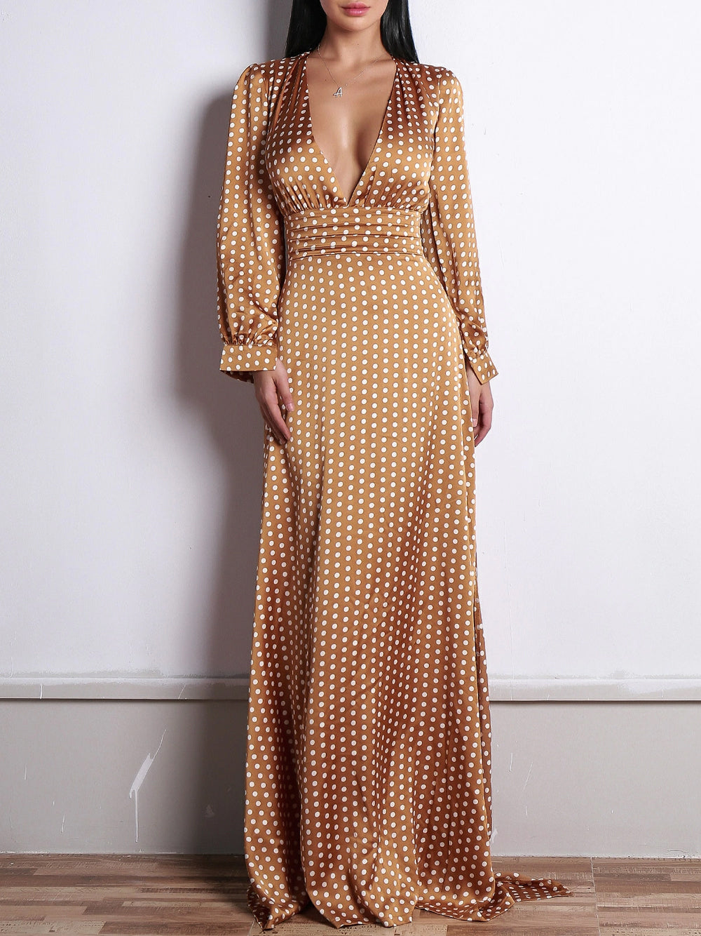 Satin Polka Dot Maxi Dress PM1108 Brown / XS Official JT Merch