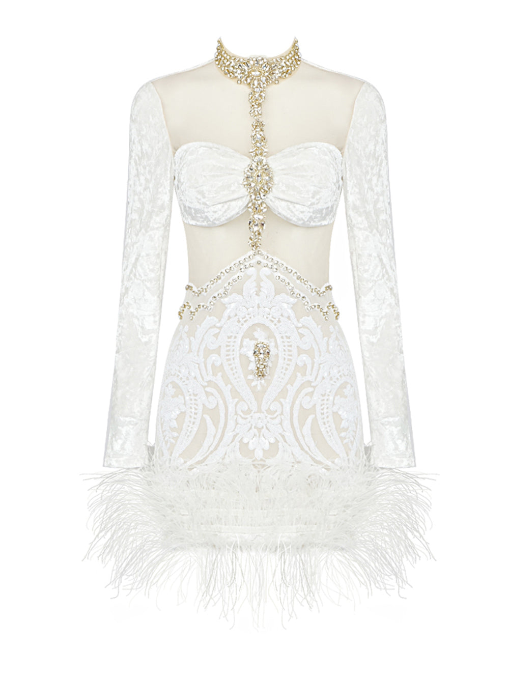 OPERA Sequins & Feathers Mini Dress PM1108 White / XS Official JT Merch