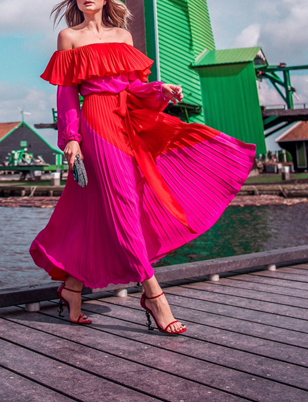 GAES Off The Shoulder Pleated Maxi Dress PM1108 Pink / S Official JT Merch