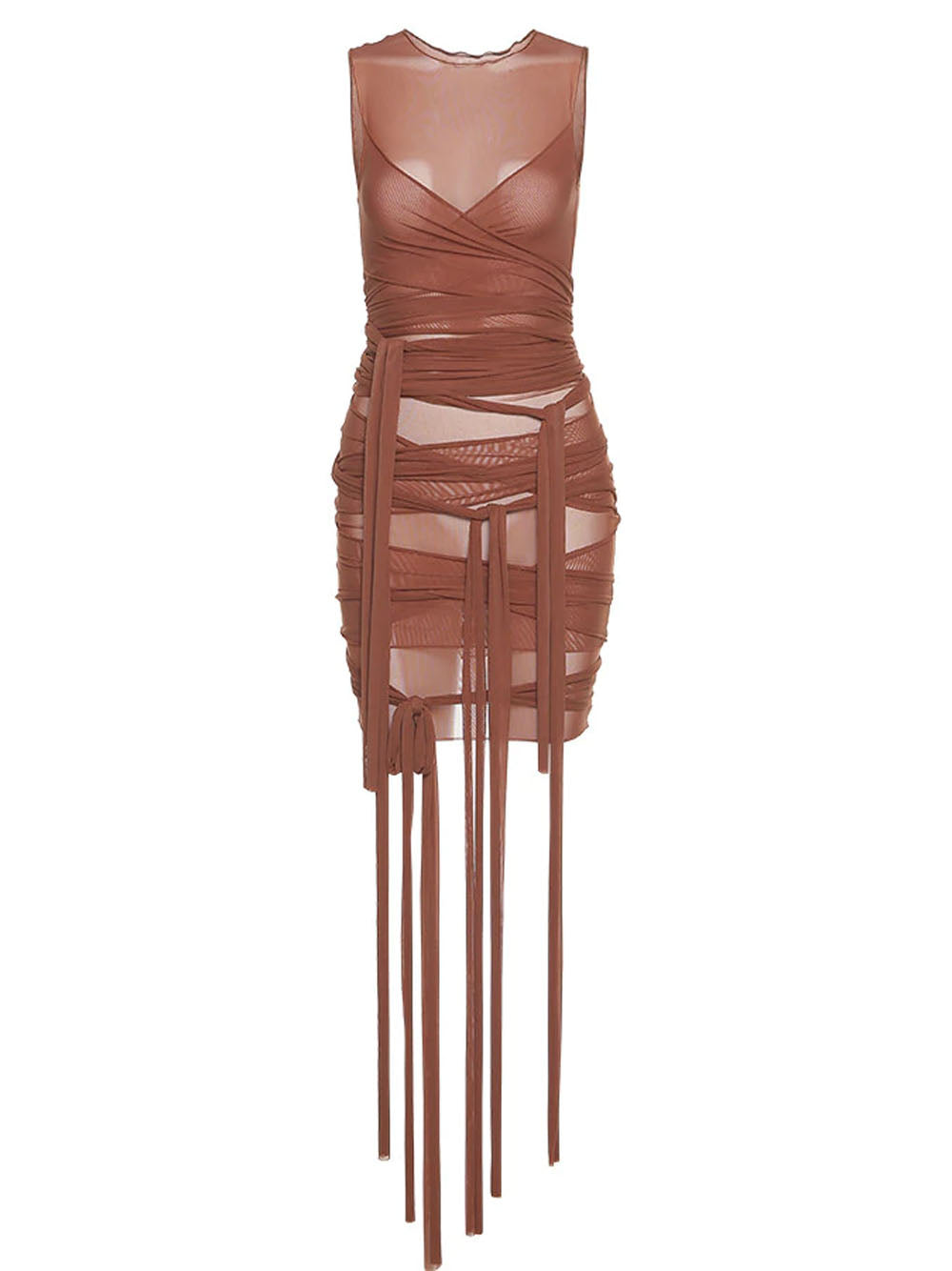 MARSSA Ribbons Mesh See Through Dress PM1108 Brown / S Official JT Merch