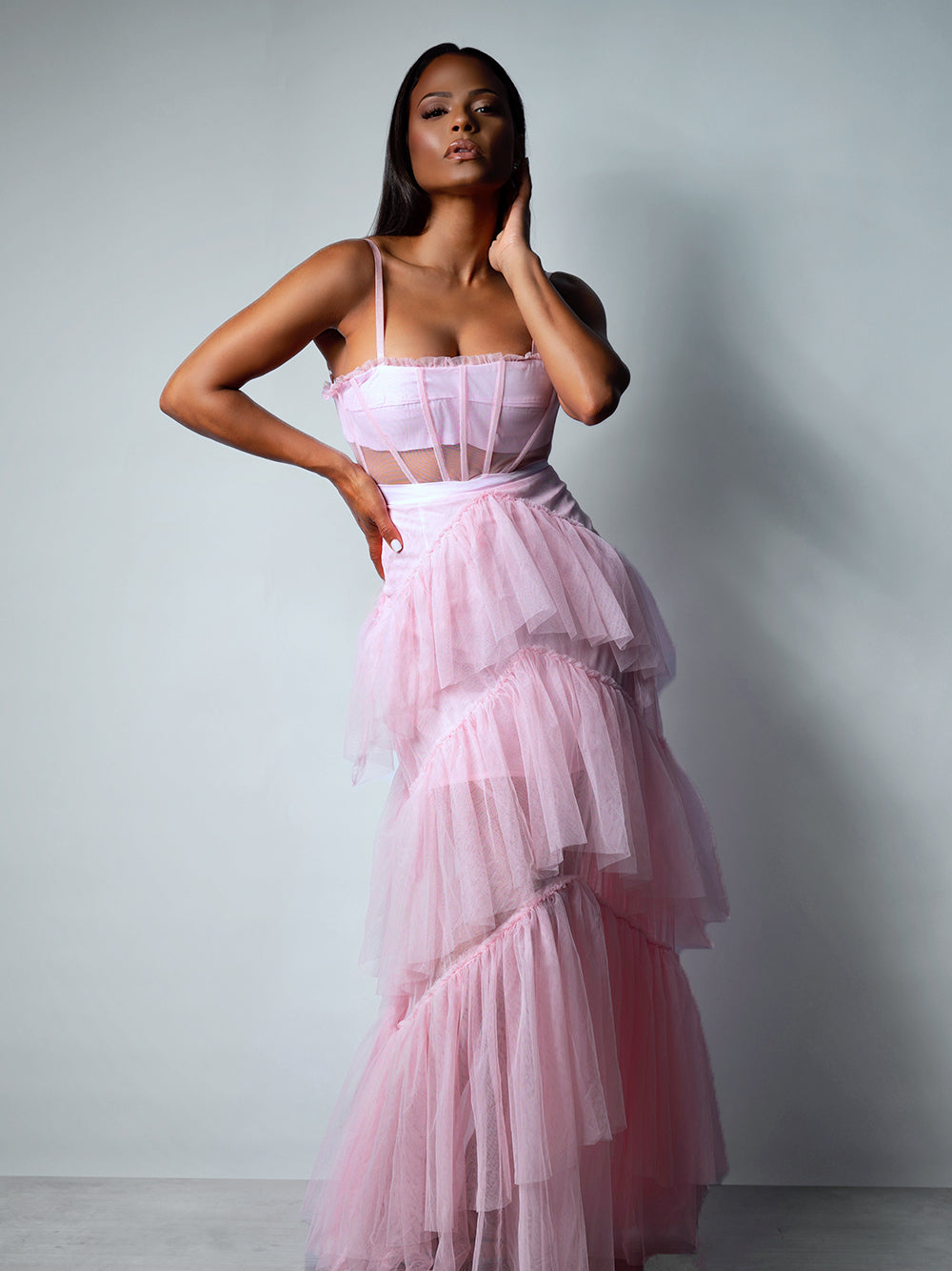 MADAME Strap High WaistTulle Maxi Dress PM1108 Pink / S Official JT Merch