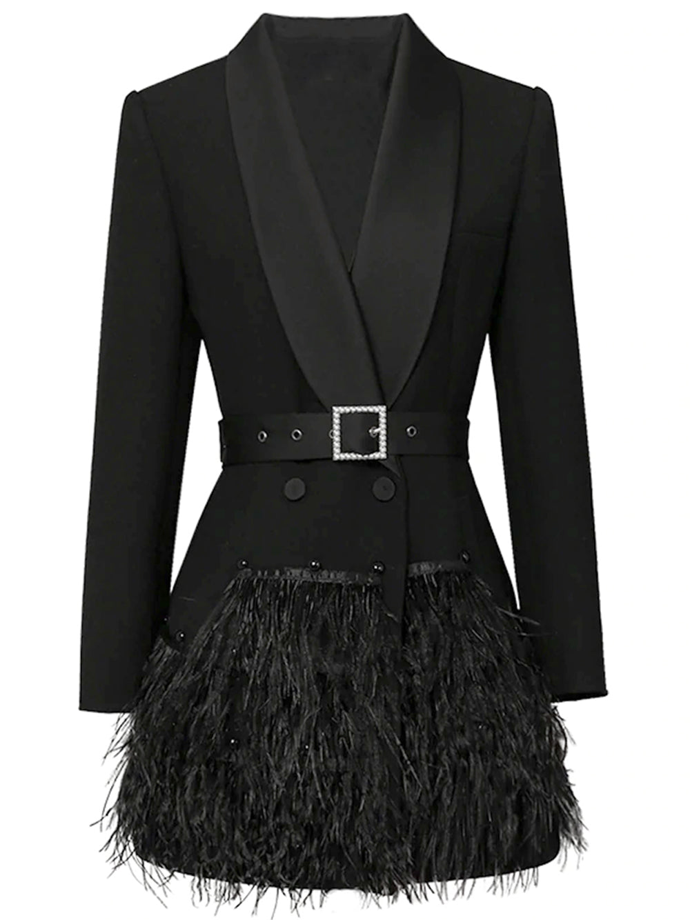 Feathers Tassel Hem Belted Blazer Dress PM1108 Black / S Official JT Merch