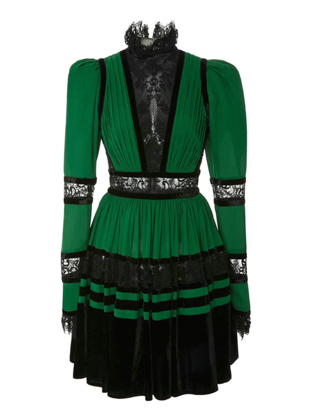 Lace & Velvet Pleated Crêpe Mini Dress in Green PM1108 Green / S Official JT Merch